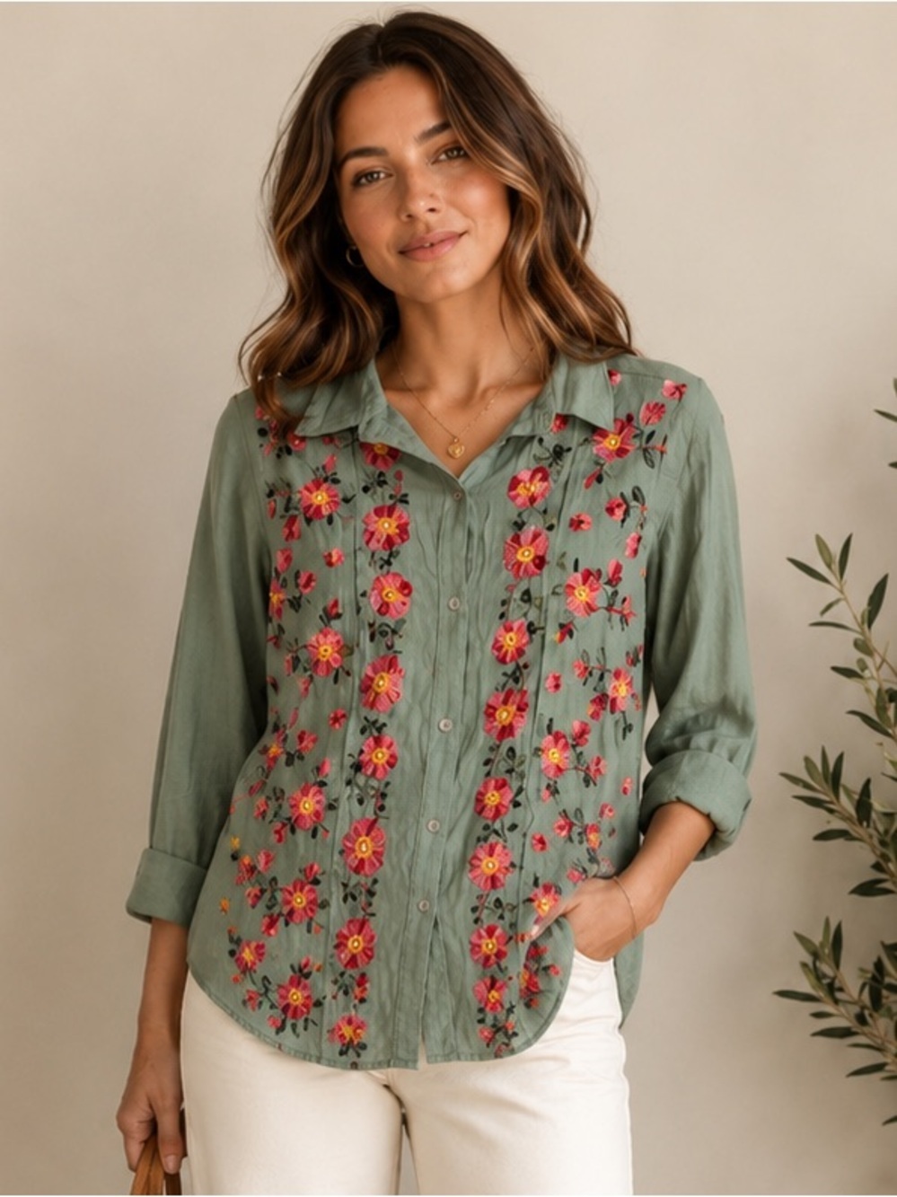 1775 Green Embroidered Floral Button-Down Shirt - Women's Top
